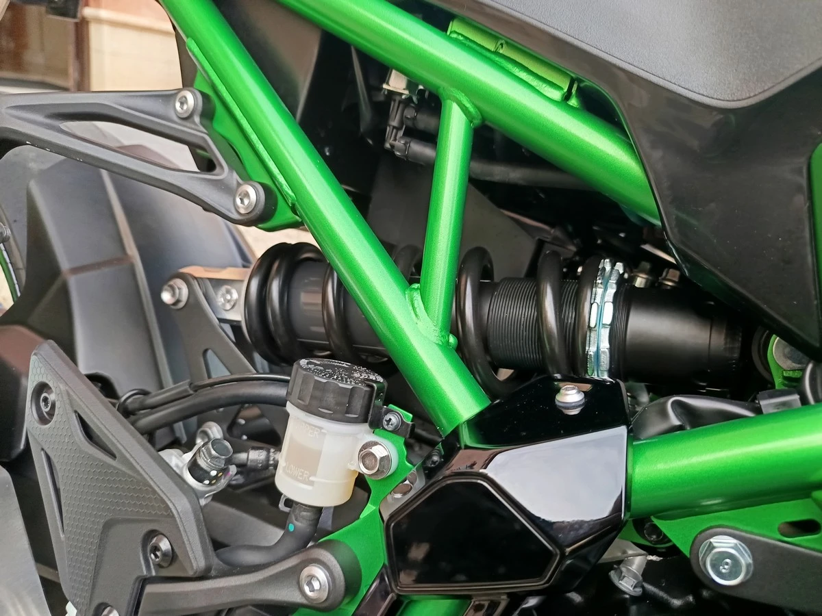 Green frame and zoom on the Z900 rear shock absorber